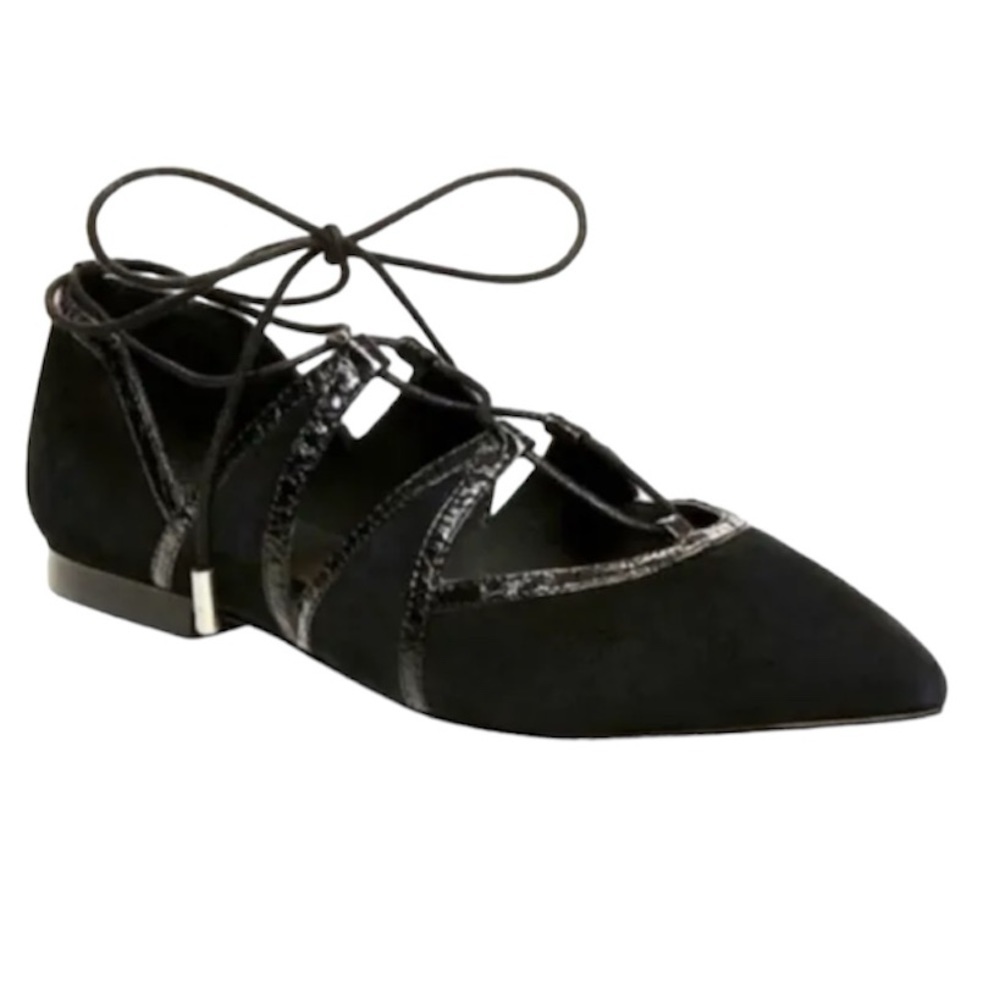 Brian Atwood Sanaa Suede Leather Lace Up Ballet Flats Shoes Pointy Toes Black